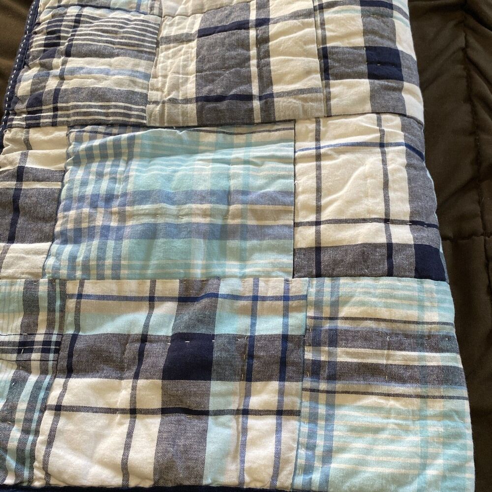 Pottery Barn Kids Madras Pillow Sham Standard Blue 26"x20" quilted patchwork